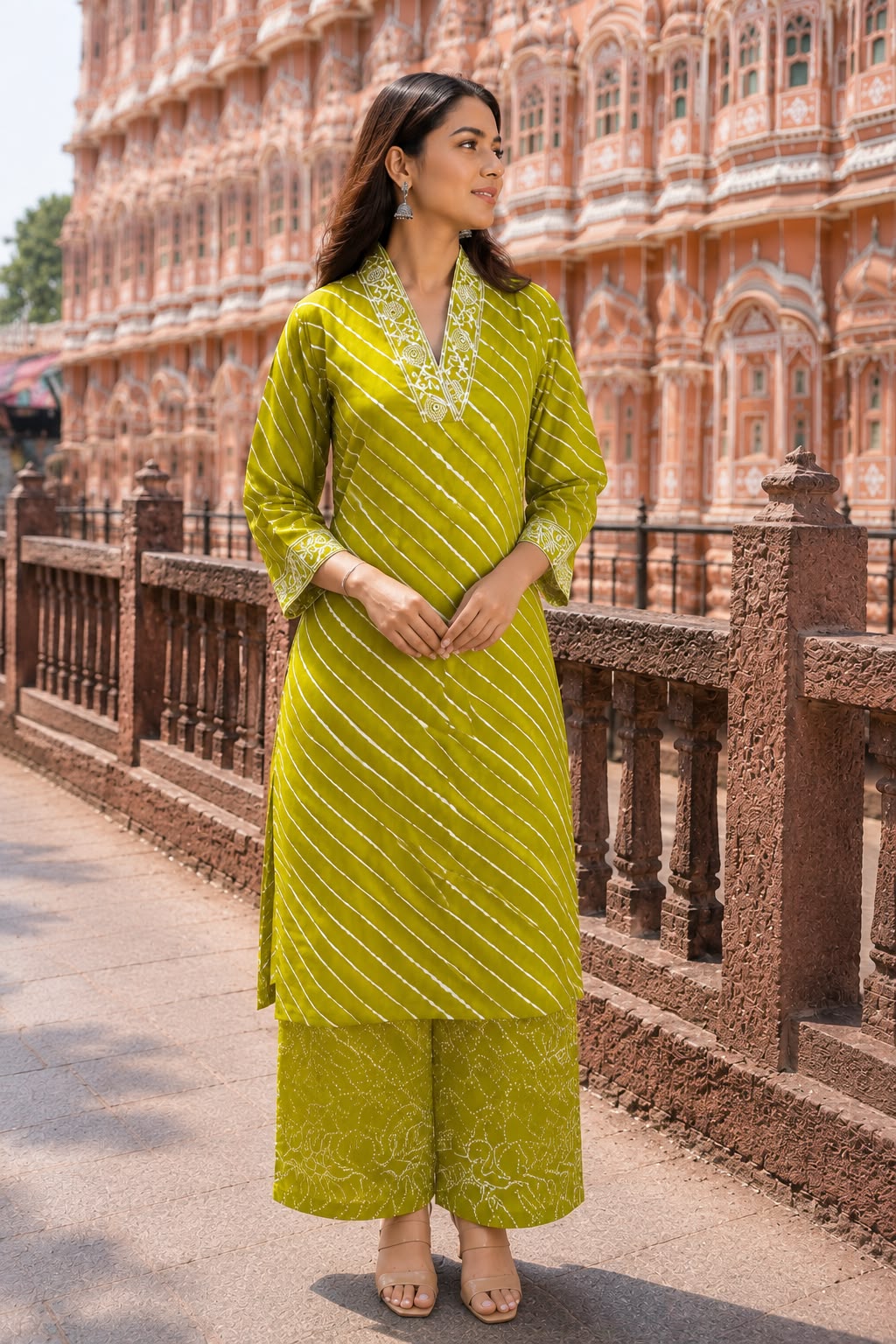 Women’s Green Leheriya Printed Cotton Kurta with Palazzo Set