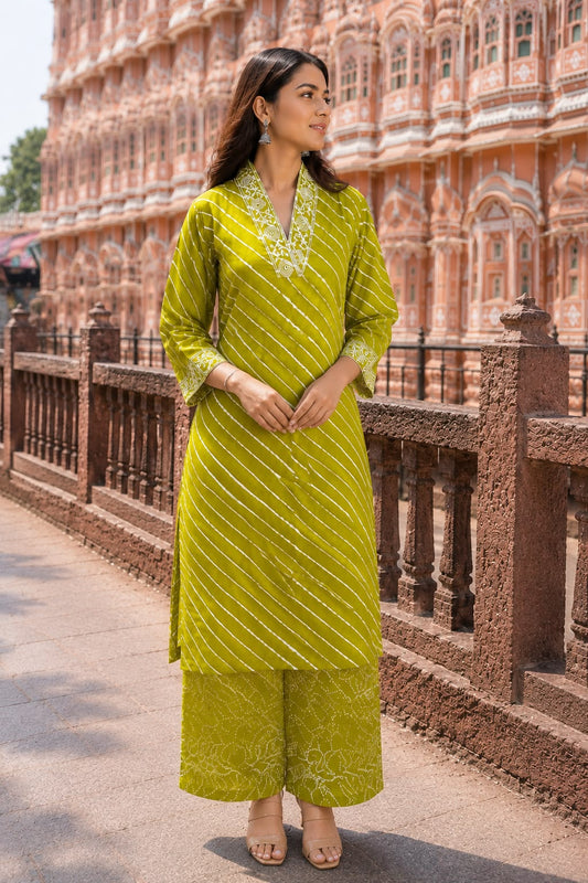 Women’s Green Leheriya Printed Cotton Kurta with Palazzo Set