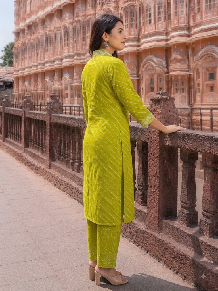 Women’s Green Leheriya Printed Cotton Kurta with Palazzo Set