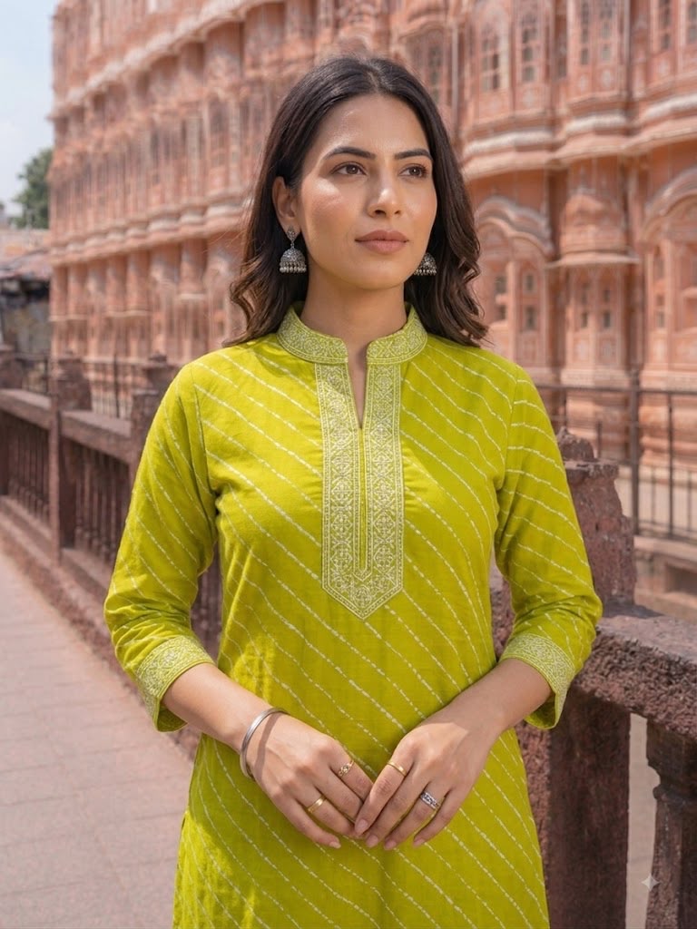 Women’s Green Leheriya Printed Cotton Kurta with Palazzo Set