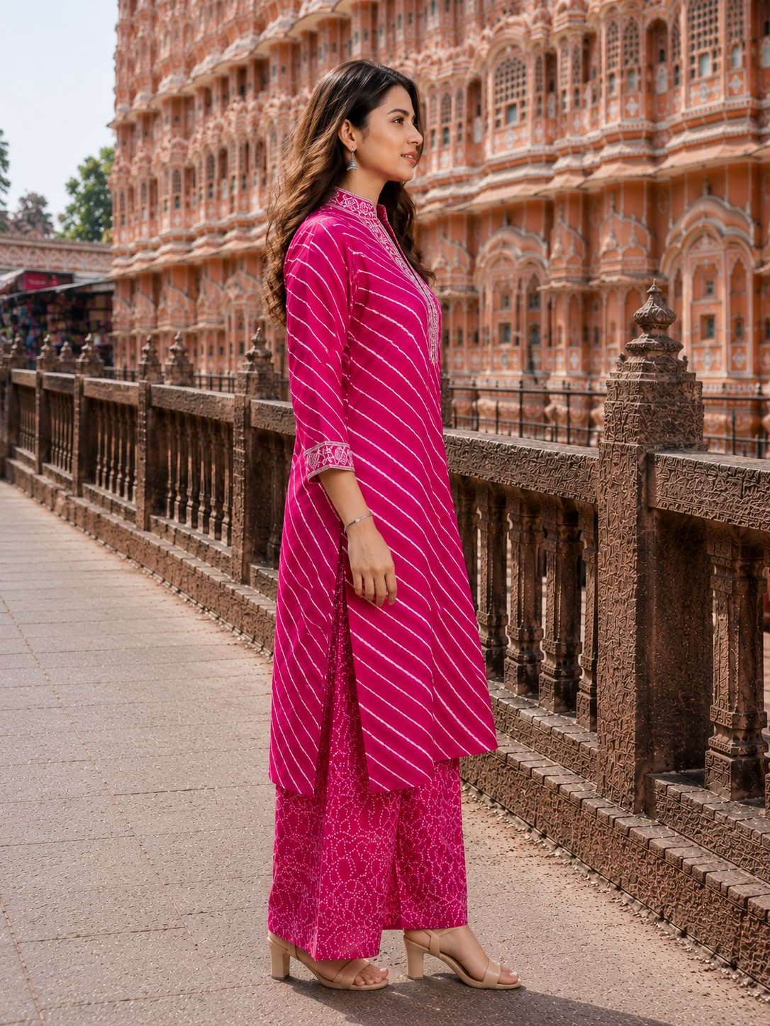 Women’s Leheriya Printed Straight Kurta with Palazzo Set – Pink