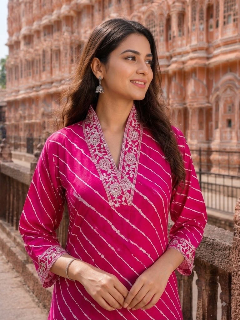 Women’s Leheriya Printed Straight Kurta with Palazzo Set – Pink