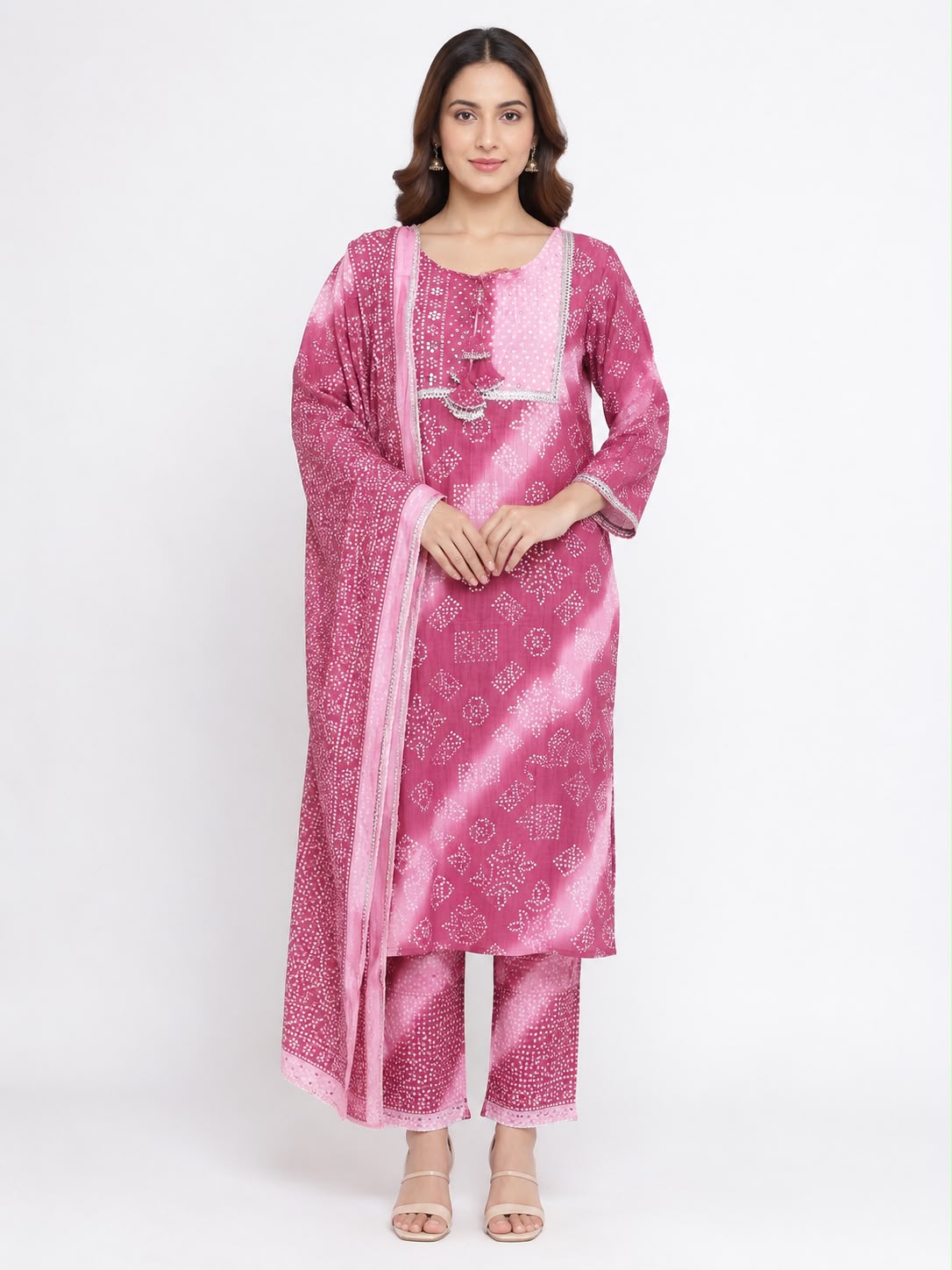 Women’s Pink Cotton Bandhani Printed Kurta Pant Set with Dupatta