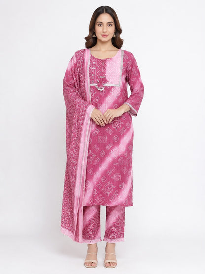 Women’s Pink Cotton Bandhani Printed Kurta Pant Set with Dupatta