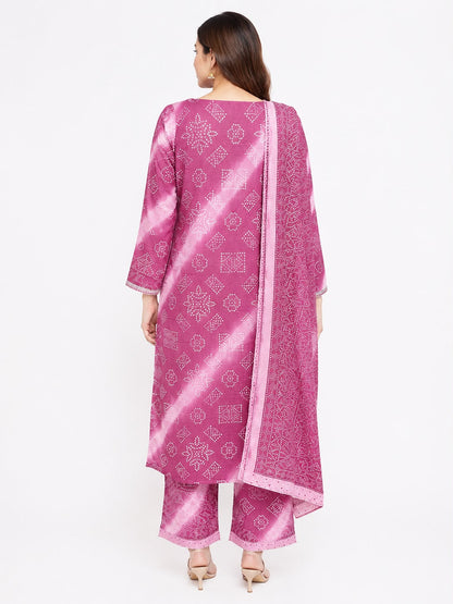 Women’s Pink Cotton Bandhani Printed Kurta Pant Set with Dupatta