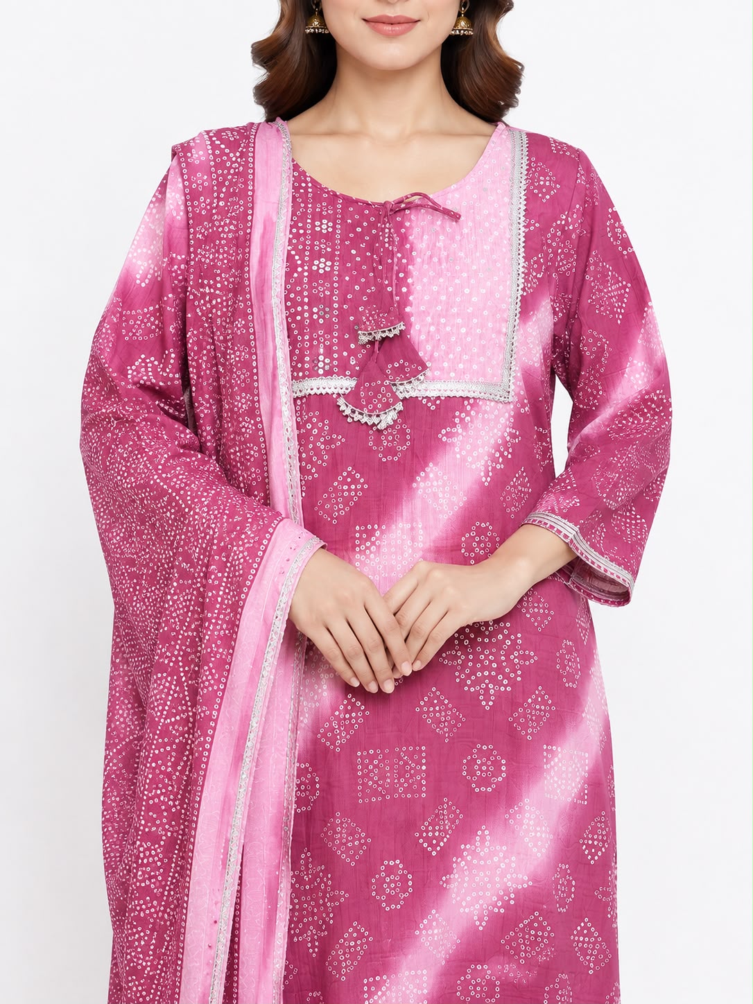 Women’s Pink Cotton Bandhani Printed Kurta Pant Set with Dupatta