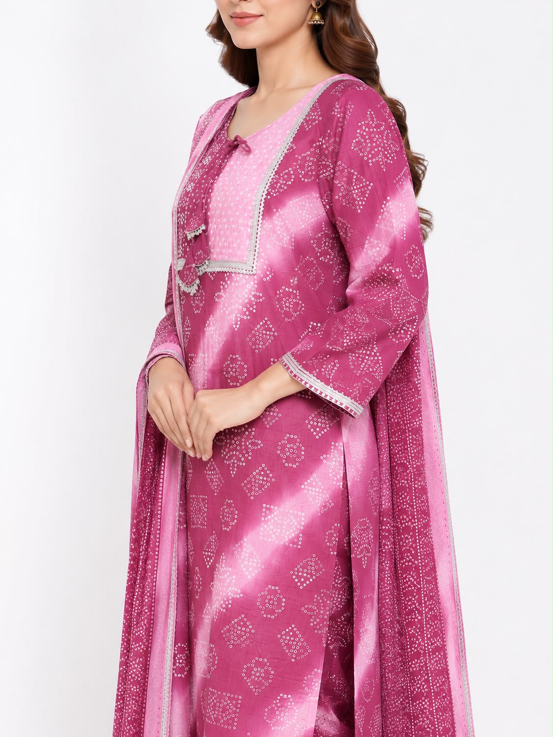 Women’s Pink Cotton Bandhani Printed Kurta Pant Set with Dupatta