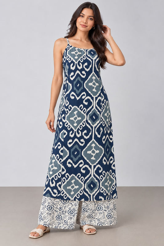 Navy Blue Printed Kurta Set with Palazzo