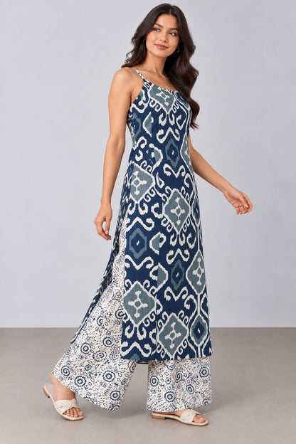 Navy Blue Printed Kurta Set with Palazzo