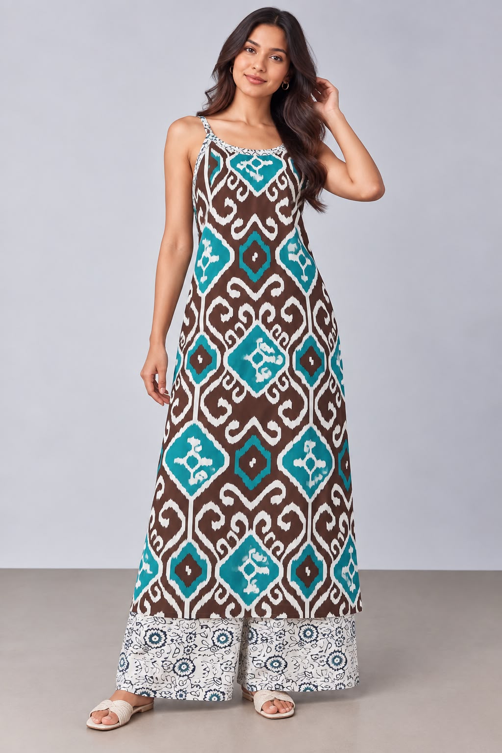 Brown & Teal Printed Kurta Set with Palazzo