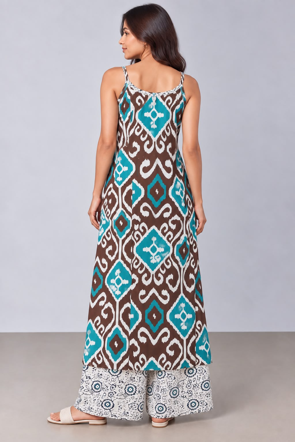 Brown & Teal Printed Kurta Set with Palazzo