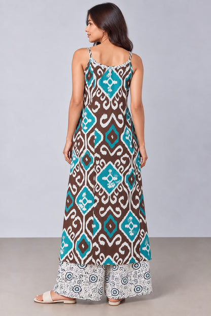 Brown & Teal Printed Kurta Set with Palazzo