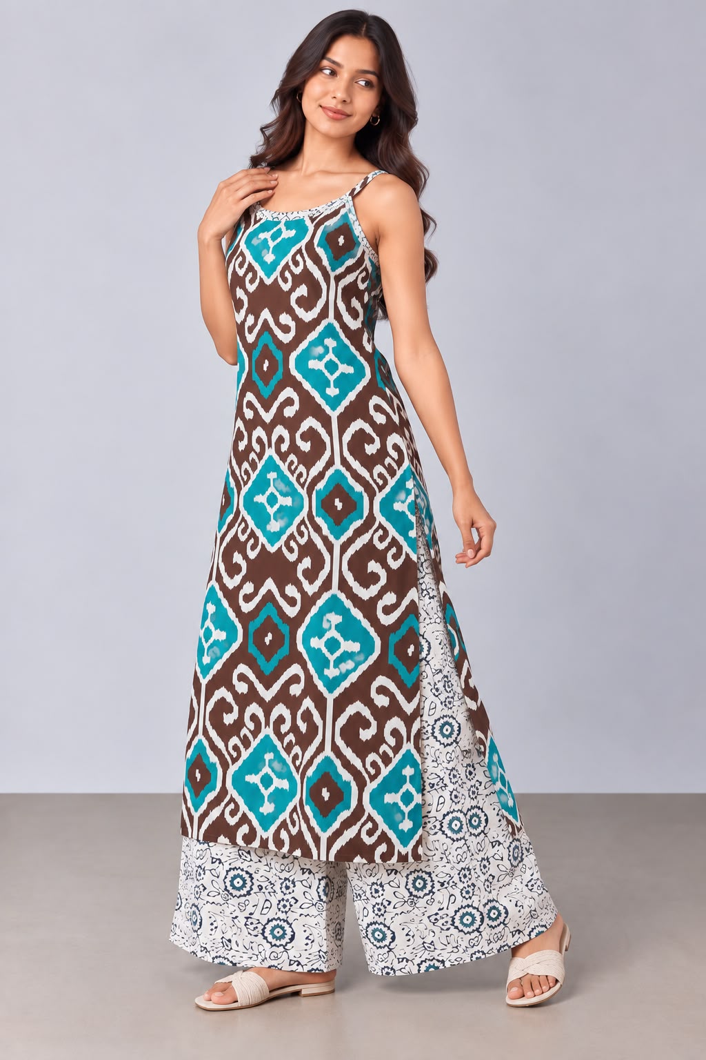 Brown & Teal Printed Kurta Set with Palazzo
