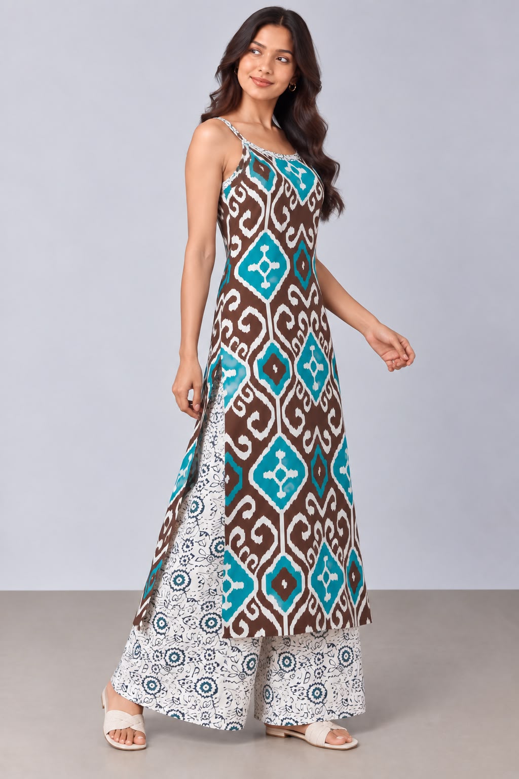 Brown & Teal Printed Kurta Set with Palazzo