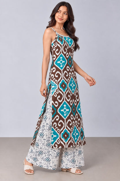 Brown & Teal Printed Kurta Set with Palazzo