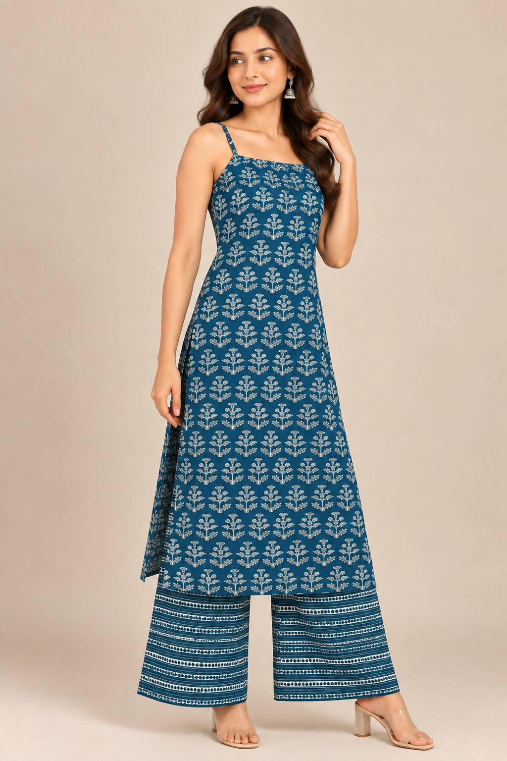 Teal Blue Printed Kurta Set with Palazzo