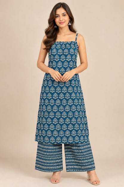 Teal Blue Printed Kurta Set with Palazzo
