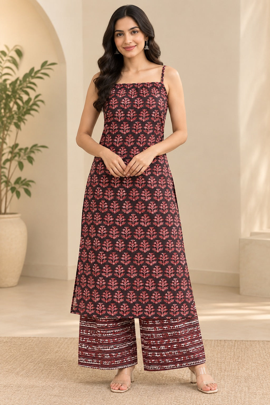 Black & Pink Printed Kurta Set with Palazzo