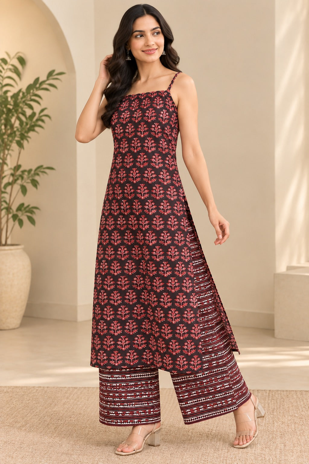 Black & Pink Printed Kurta Set with Palazzo