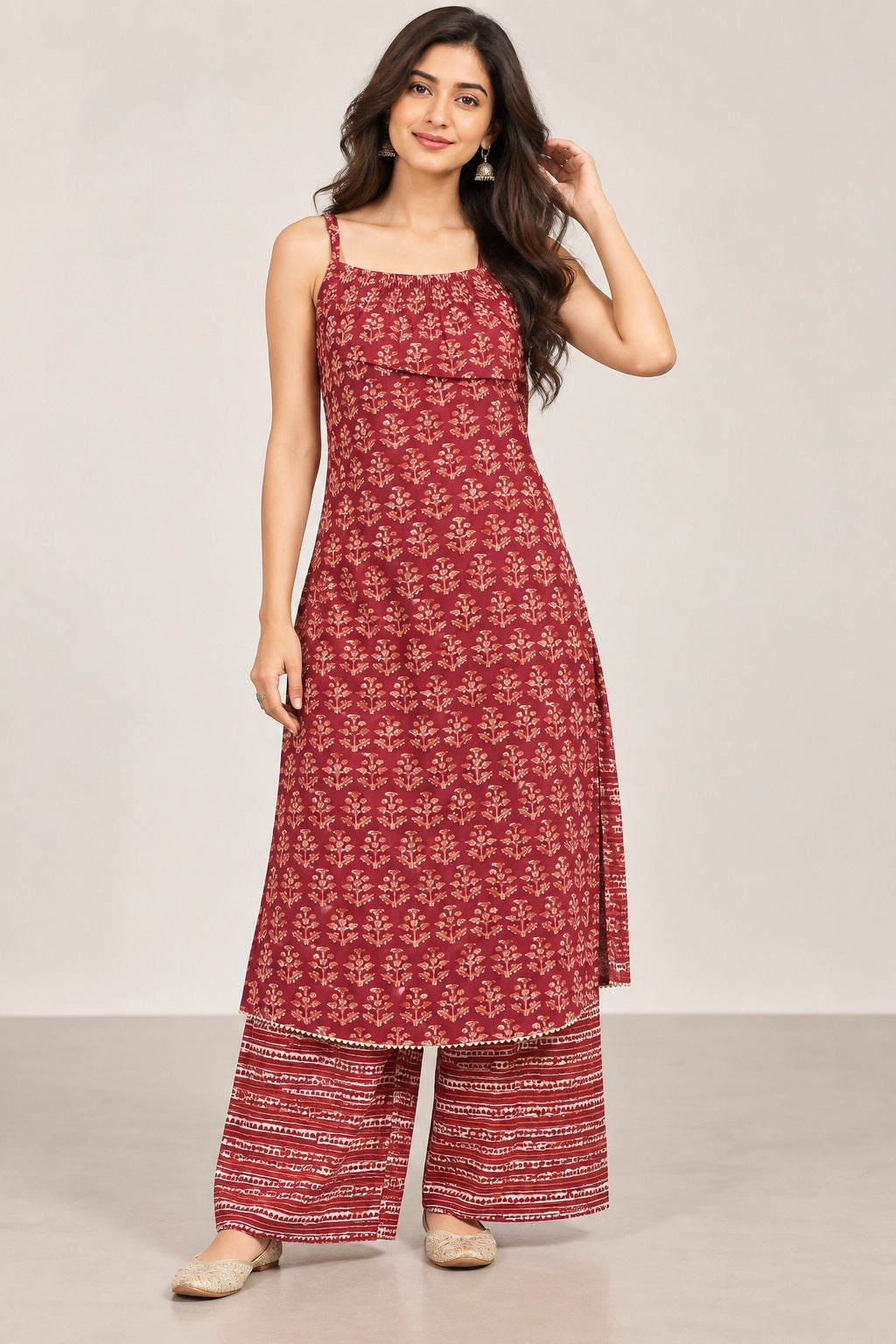 Maroon Printed Kurta Set with Palazzo