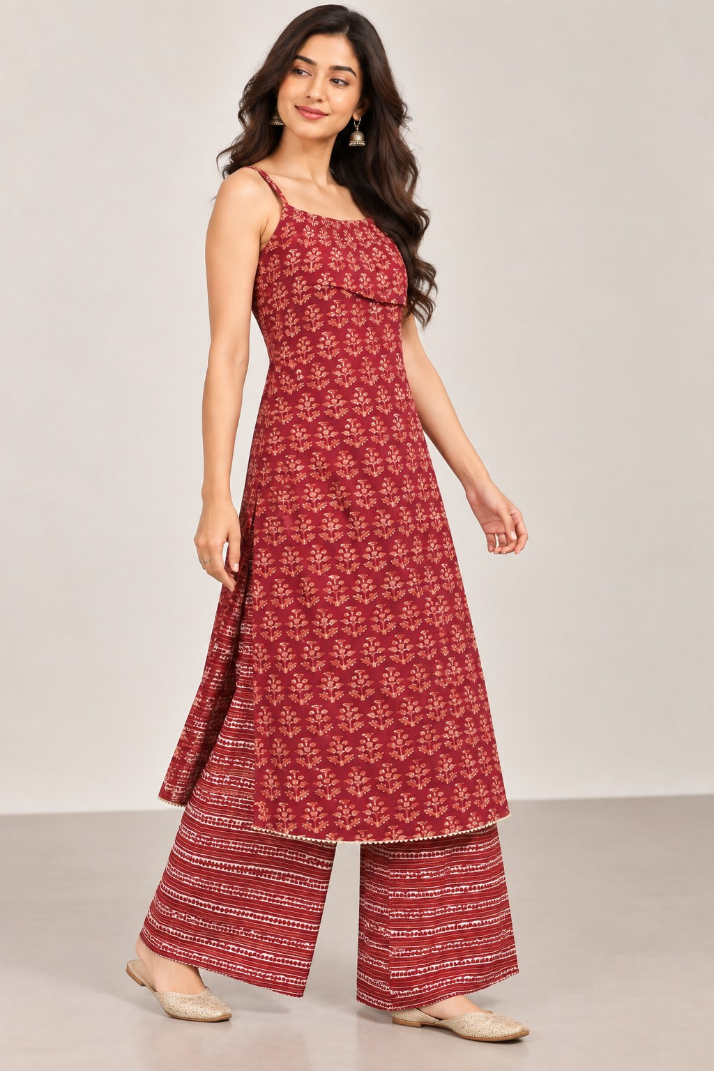 Maroon Printed Kurta Set with Palazzo