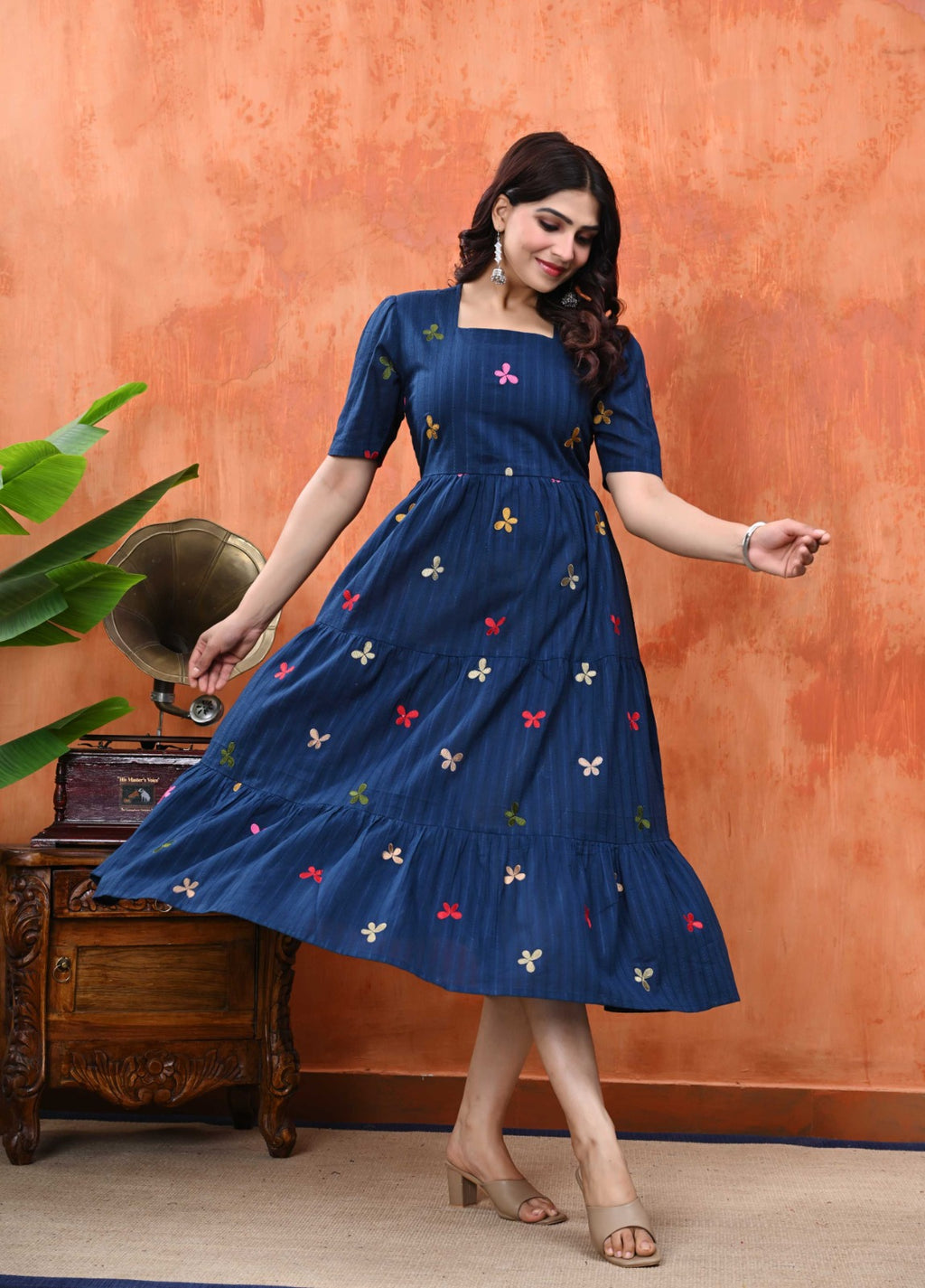 Women Embroidered Fit & Flare Midi Dress | Blue