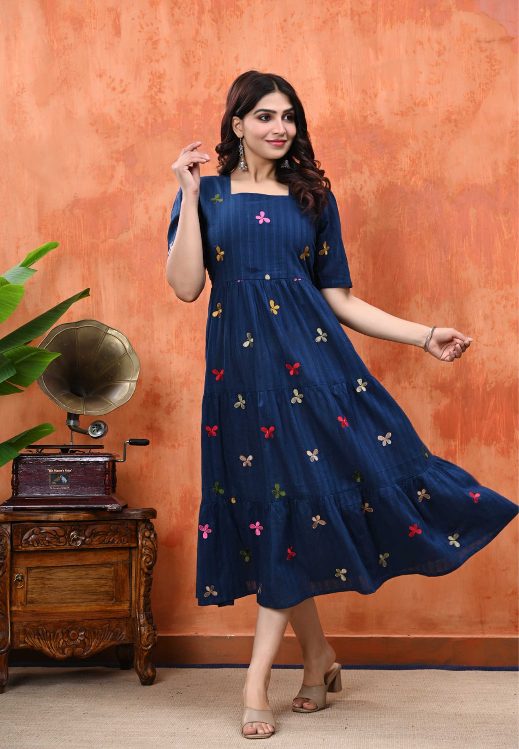 Women Embroidered Fit & Flare Midi Dress | Blue