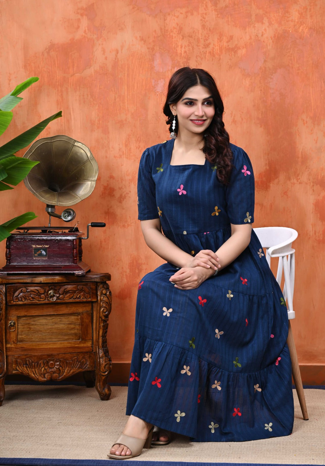 Women Embroidered Fit & Flare Midi Dress | Blue