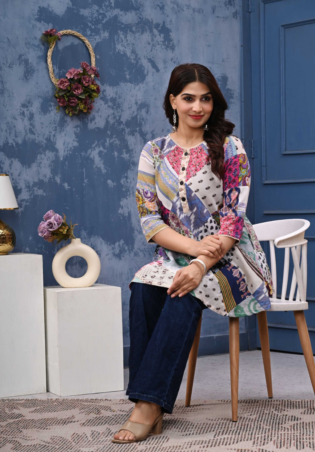 Floral Print Patch Work Cotton A-Line Top