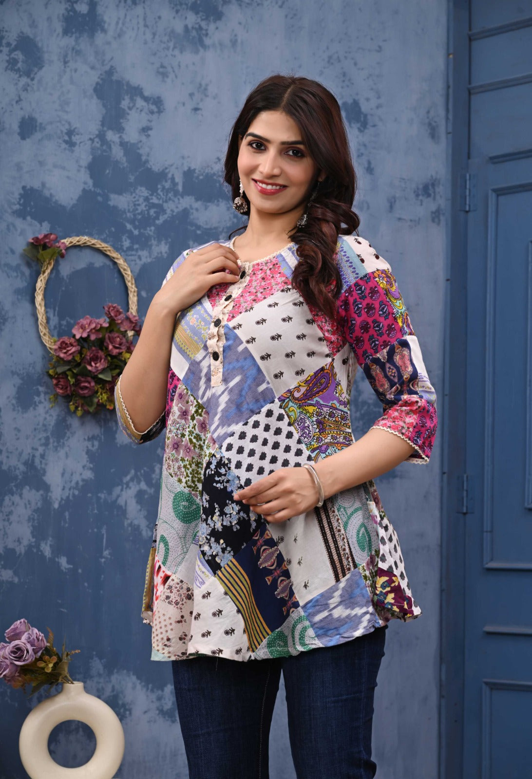 Floral Print Patch Work Cotton A-Line Top