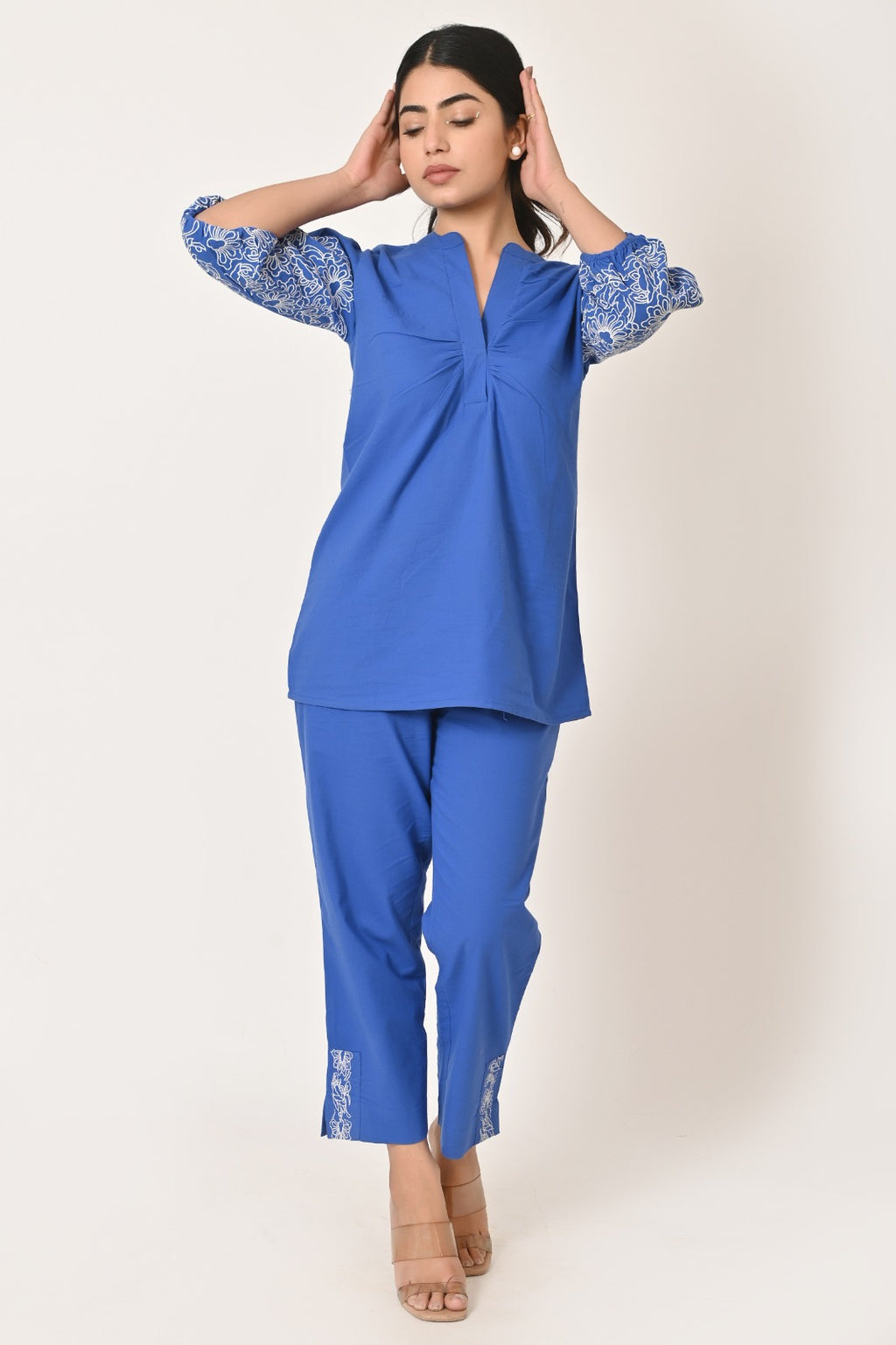 Royal Blue Embroidered Sleeve Co-Ord Set for Women | Cloth Bites