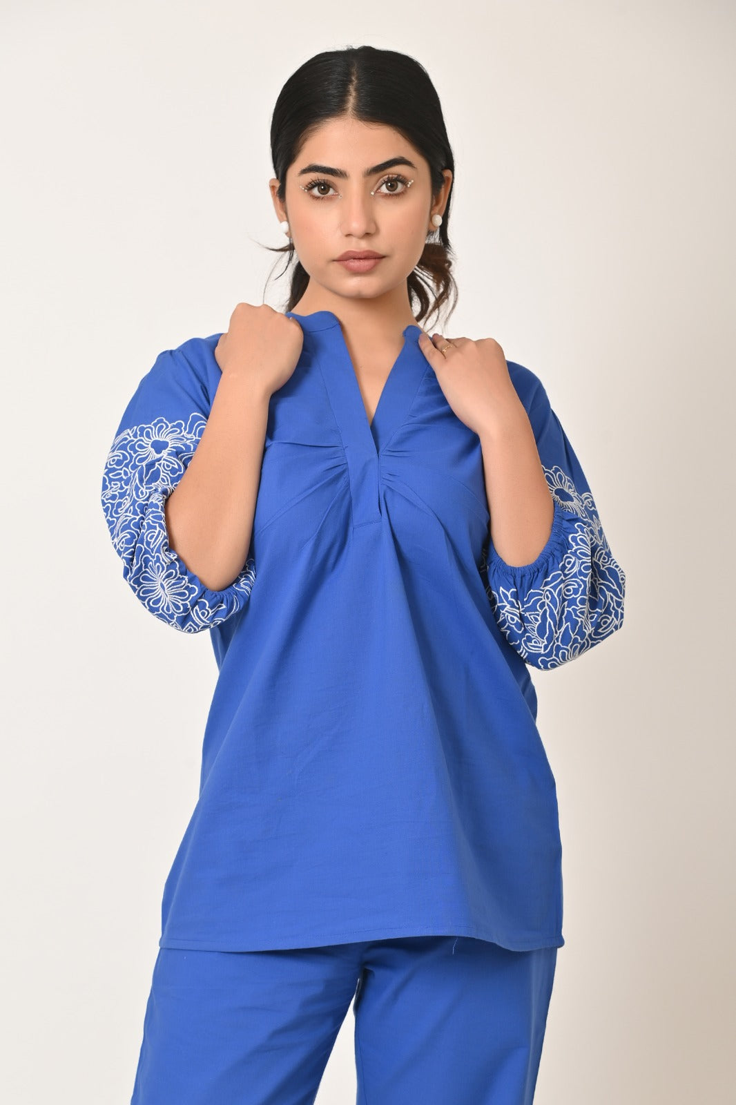 Royal Blue Embroidered Sleeve Co-Ord Set for Women | Cloth Bites