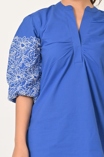 Royal Blue Embroidered Sleeve Co-Ord Set for Women | Cloth Bites
