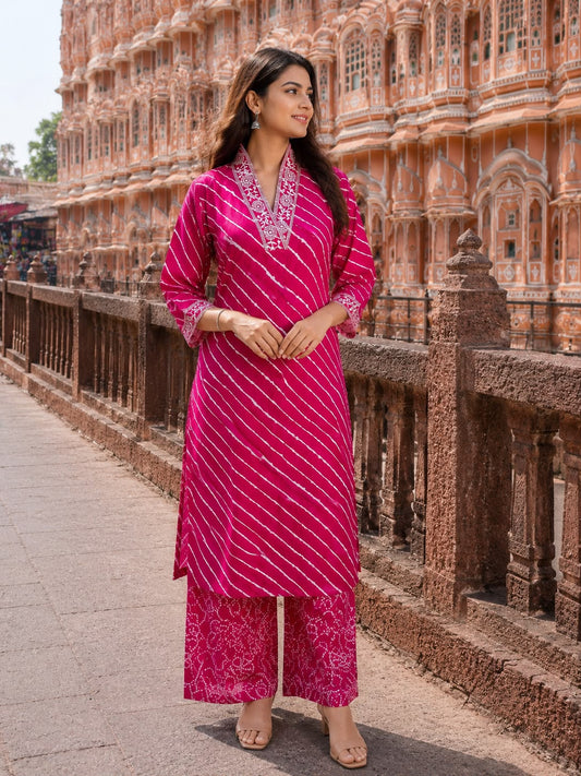 Women’s Leheriya Printed Straight Kurta with Palazzo Set – Pink