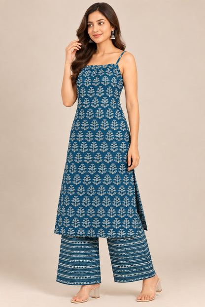 Teal Blue Printed Kurta Set with Palazzo