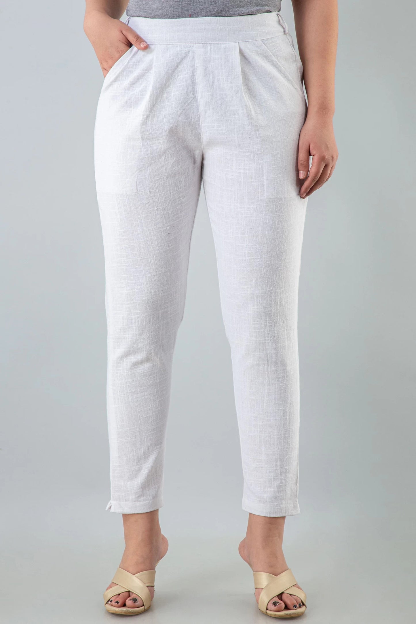 Women's Off-White Cotton Slub Trousers with Pockets