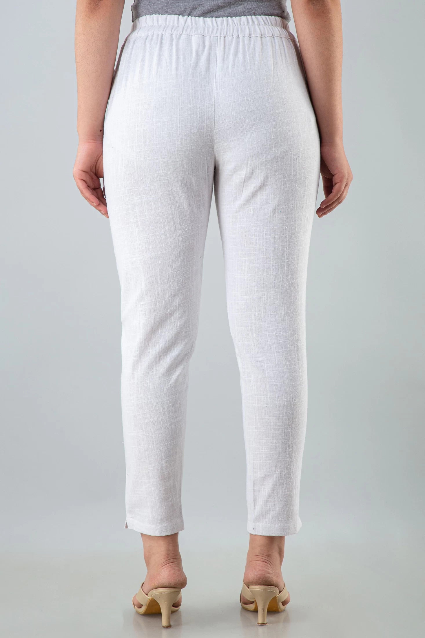 Women's Off-White Cotton Slub Trousers with Pockets | Comfort Fit Ankle Length Pants
