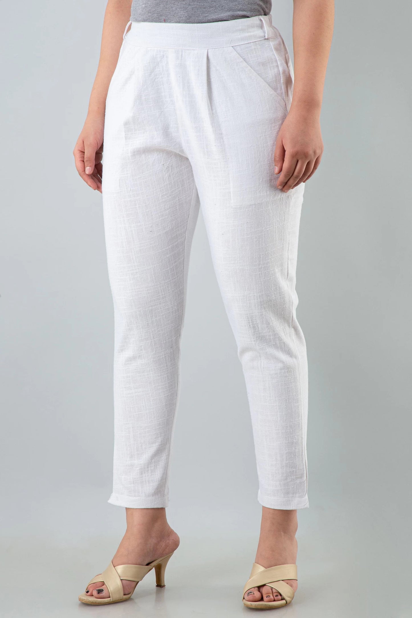 Women's Off-White Cotton Slub Trousers with Pockets