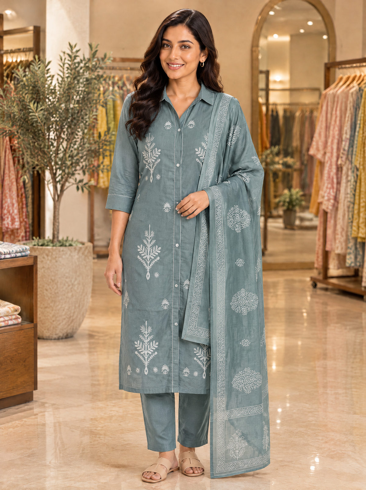 Sage Grey Embroidered Cotton Kurta Set with Dupatta - front