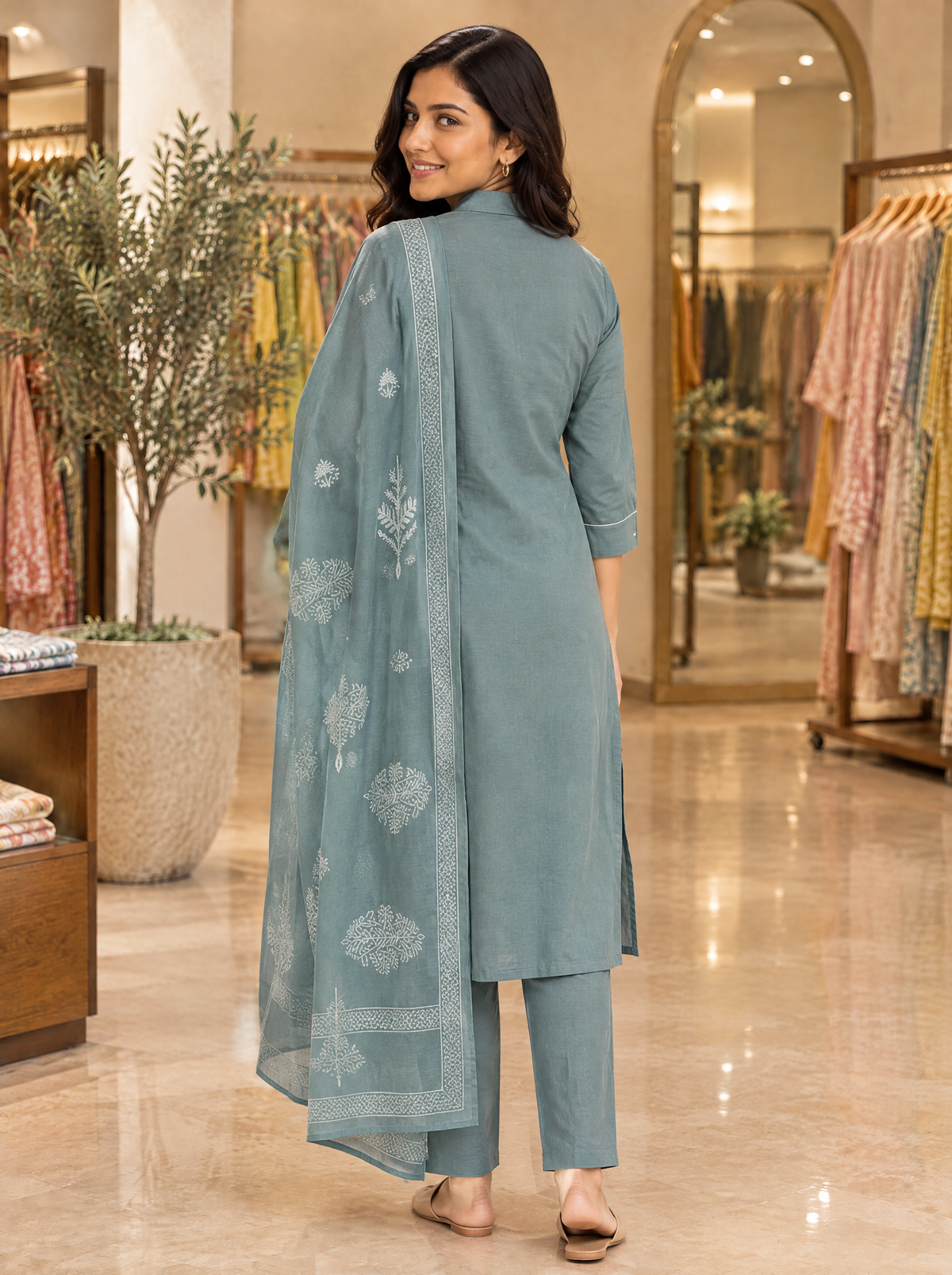 Sage Grey Embroidered Cotton Kurta Set with Dupatta - back