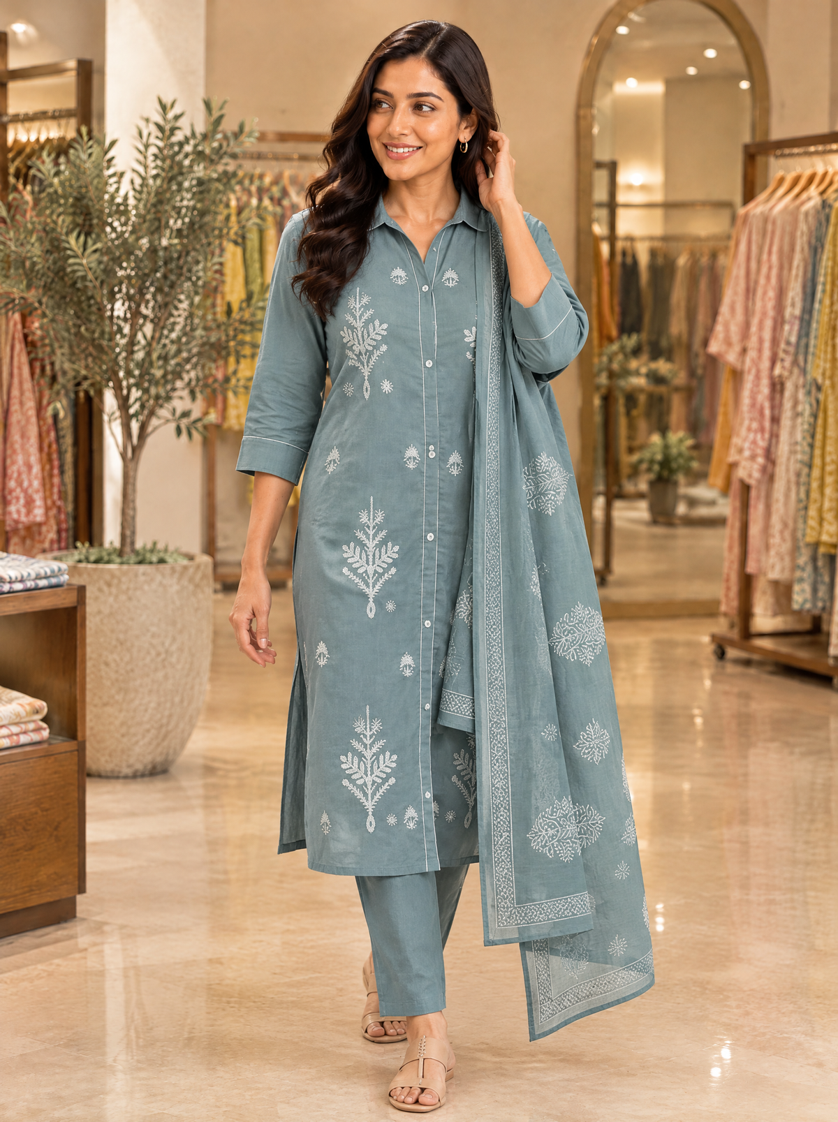 Sage Grey Embroidered Cotton Kurta Set with Dupatta - side