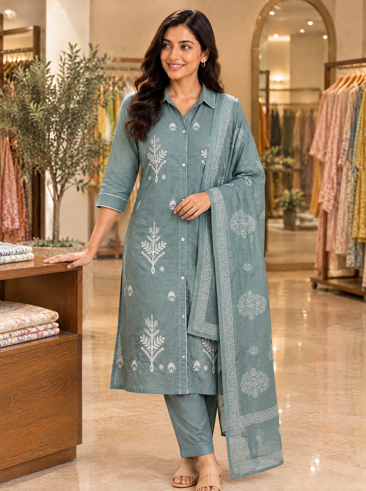 Sage Grey Embroidered Cotton Kurta Set with Dupatta - close-up
