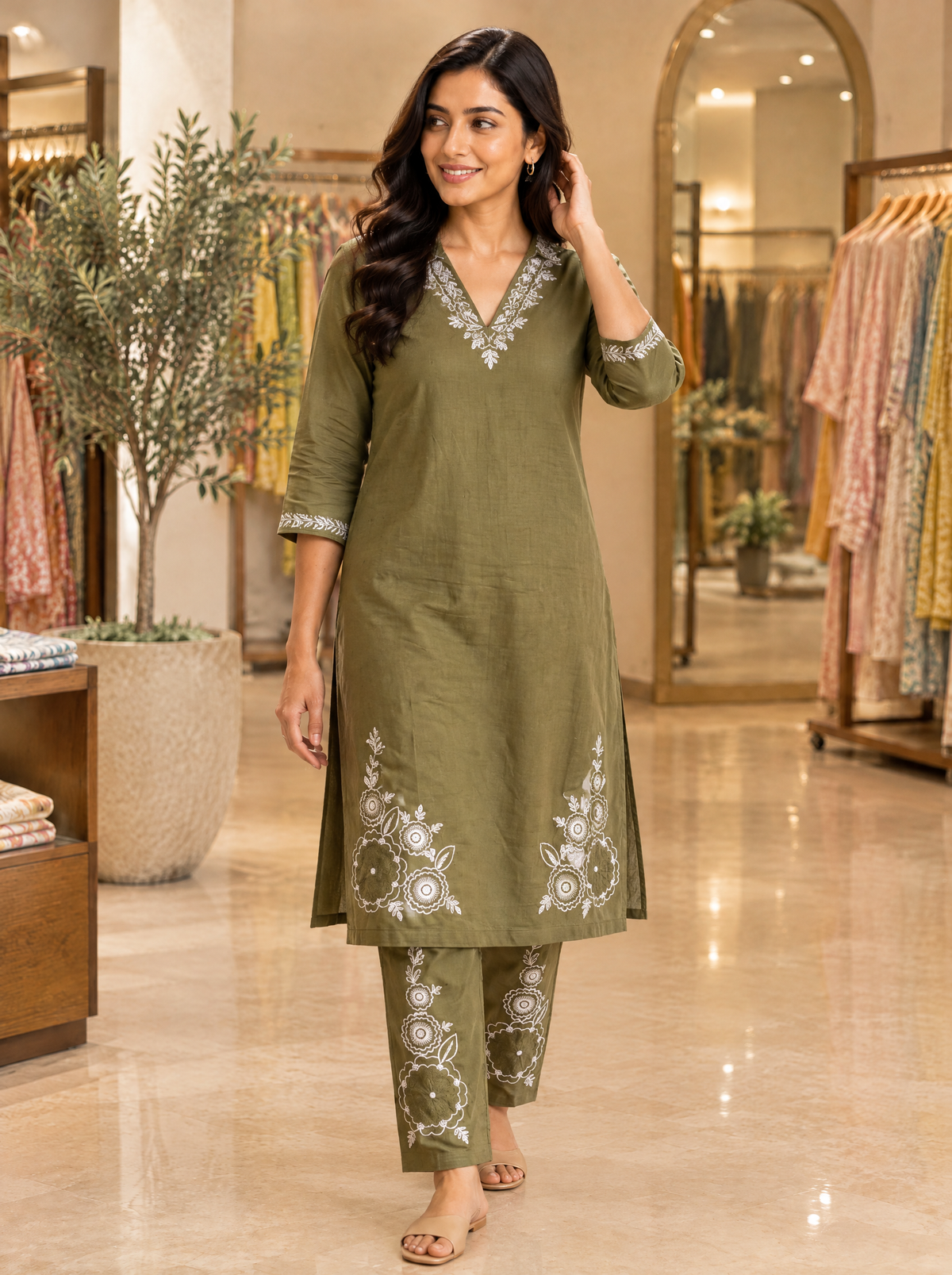 Olive Green Floral Embroidered Cotton Kurta Set - side
