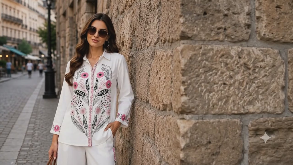 Cloth Bites Women White Floral Embroidered Cotton 60-60 Co-ord Set with Lining
