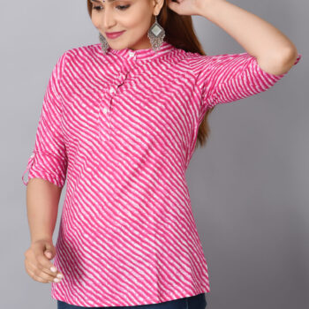 Cotton Rajasthani Short Leheriya Kurti | Pink