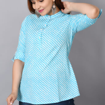 Cotton Rajasthani Short Leheriya Kurti | Light Blue
