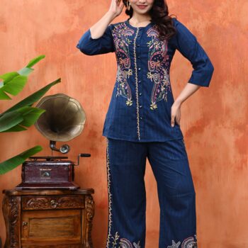 Pure Cotton Tunics Top With Palazzo Co-ord Set for Women | Navy Blue