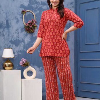 Printed Pure Cotton Tunics Top With Palazzo - Co-ord Set for Women | Red