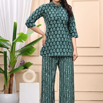 Pure Cotton Tunics Top With Palazzo Co-ord Set for Women | Green