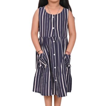 Cotton Long Frocks for Kids Girls | Dark Blue Stripes